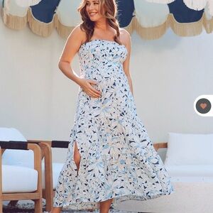 Never worn Ellie Maternity Shirred Maxi Skirt Dress in Navy Floral Print